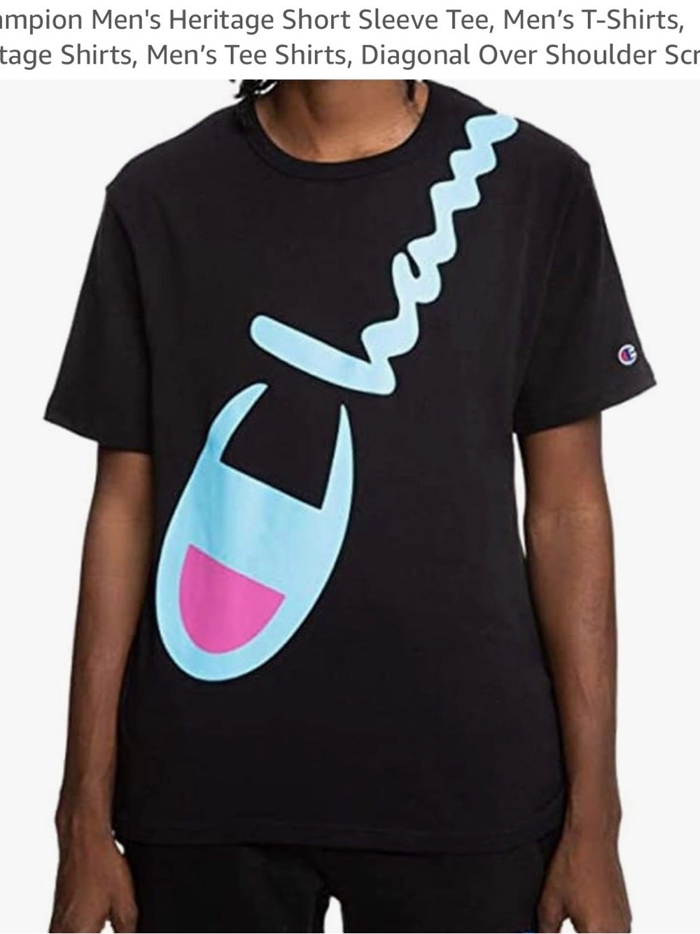 NWT. Champion Black Short-Sleeve Tee with Light Blue and Pink Graphic. Size M.